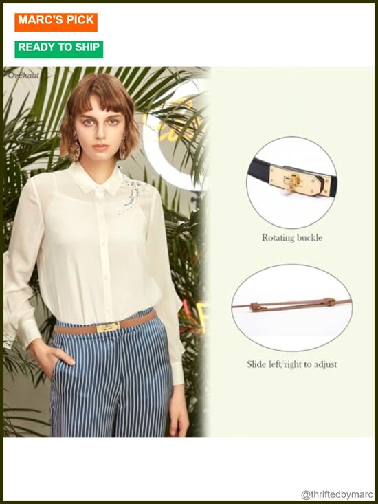 Skinny Leather Belt with Golden Turn Lock Buckle Adjustable Waistband for main image 5